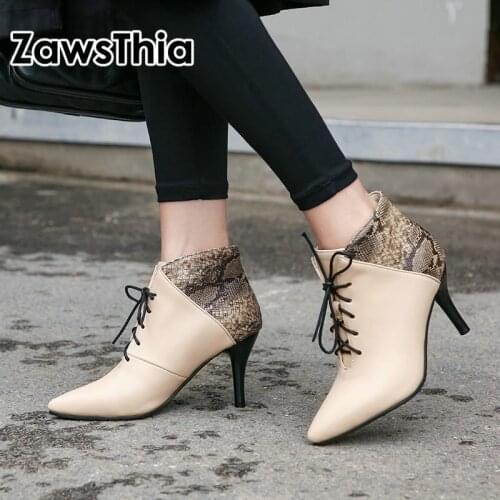 ZawsThia 2020 winter autumn new PU leather lace up stilettos thin high heels womens boots ankle women shoes large size 44 45 46