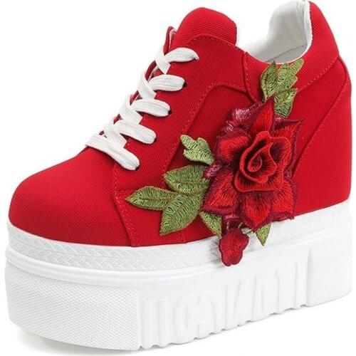 Womens Canvas Embroidery Floral Wedge Hidden 12cm Heel Sneakers Platform Breathable Casual Sport Shoes Korean Style Lace Up 2021