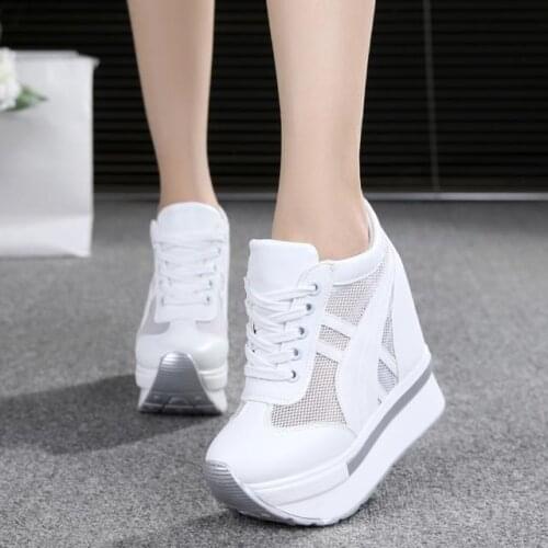 Women Platform Sneakers 2020 Summer Breathable Mesh Shoes Women Wedges Heels Casual Shoes 11 CM Thick Sole Trainers White Shoes