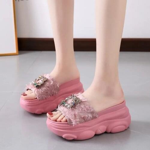 Pink PU Leather Rhinestone Short Plush Platform Leisure Slippers Korean Style Peep Toe Non-Slip Slides Outside Womens Shoes
