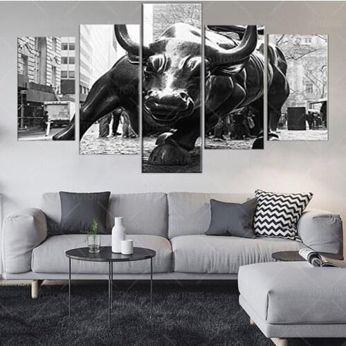 New York Landmark Charging Wall Street Bull 5 Pieces Canvas Painting Oil Print Poster Wall Art Picture For Living Room Home