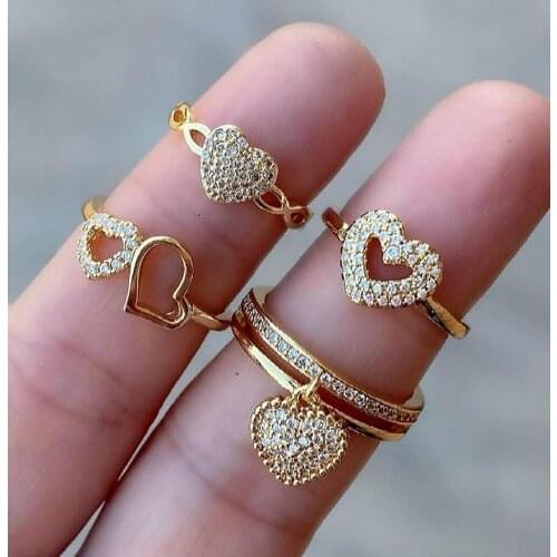 5PCS, Crystal Zircon Heart Women Ring Gold Color Open Drop Lady Finger Ring Wedding Engagement Adjustable Couple Jewelry