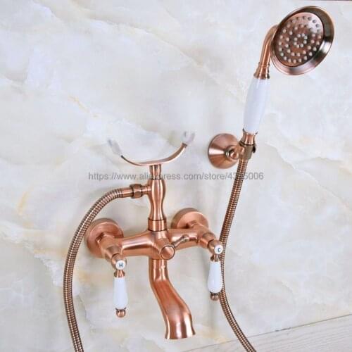 Antique Red Copper Dual Handles Bathtub Faucet Wall Mounted Swive Spout with Handshower Tub Mixer Tap Bna375