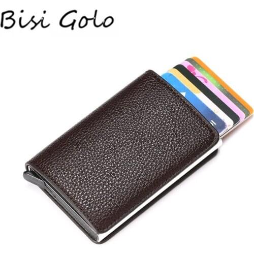 BISI GORO RFID Wallet Litchi Soft Leather Card Case Information Protector Safety Clutch Fashion Pop-Up Card Holder Aluminum Box
