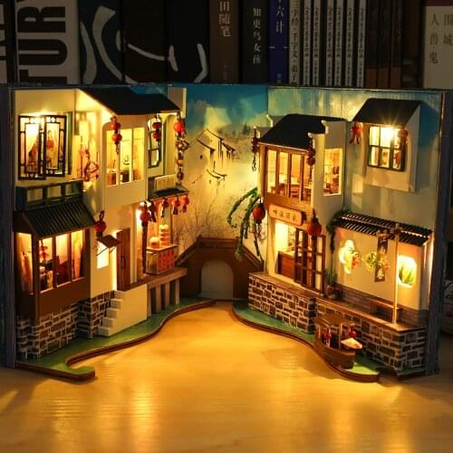 Jiangnan Water Town Book Nook Shelf Insert Kit DIY Wooden Dollhouse Bookshelf Miniature Furniture Girls Assembled Toys Gifts
