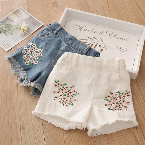 2021 Summer New Fashion 3-6 8 10 12 Years Toddler Children Edge Elastic Waist Kids Baby Embroidery Floral Denim Shorts For Girls