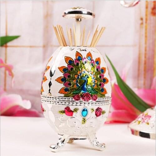 European creative egg shaped peacock hand pressure automatic toothpick holder toothpicks boxs tandenstoker for toothpick YQT038