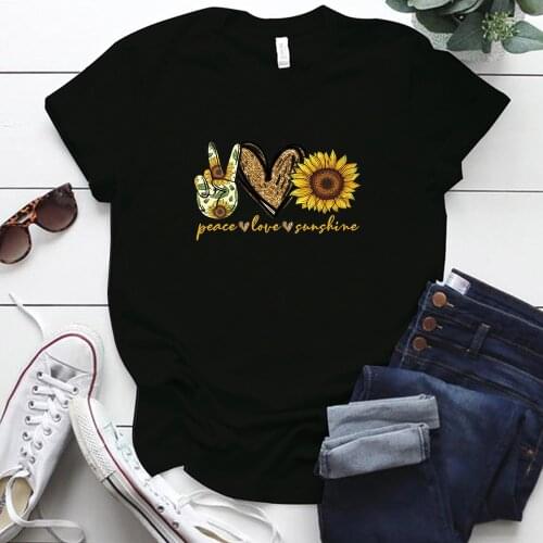 Peace Love Sunflower Print O-neck T Shirt Women Street Style Summer Women Tshirts Tops Short Sleeve Oversized T Shirt Ropa Mujer