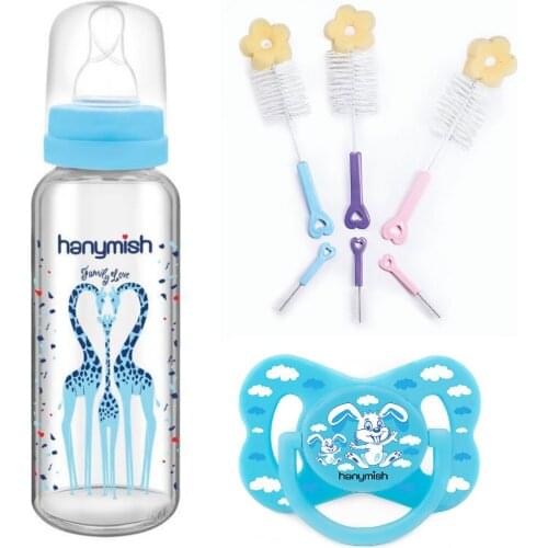 Hanymish Cam Biberon 240 ml, Biberon ve Emzik Temizleme Fırçası Ve Damaklı Emzikten Oluşan Yenidoğan Bebek İçin 3'lü seti