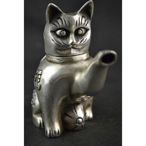 Chinese Collectible Decorate Old Tibet silver carving cat Lucky tea pot