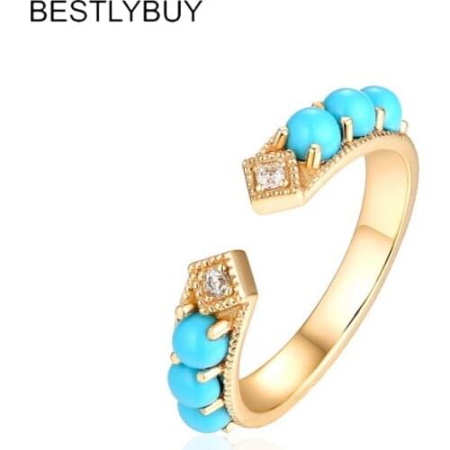 925 Sterling Silver Women Ring with Sky Blue Round Turquoises Stone Life Track Significance Ring for Women Fashion Jewelry