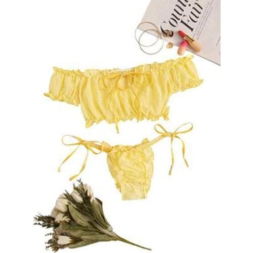 Pleated Mesh Lingerie Set Women Sweet Cute Babydoll Sleepwear Ladies Crop Tops+Briefs Underwear Ensemble String Soutien Gorge