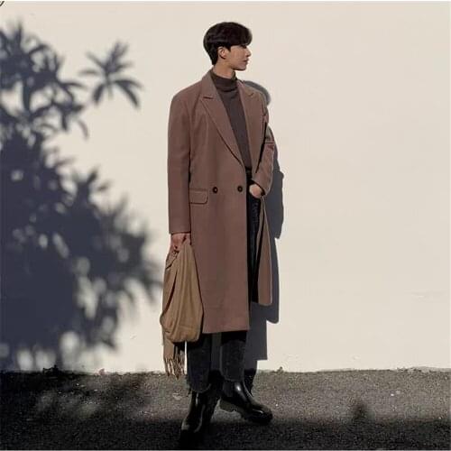Korean Style Thick Winter Woolen Overcoat 2021 New Singal Button Mens Loose Warm Long-Length Trench Coat Male Jacket