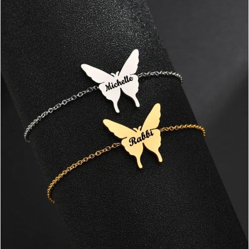 Acheerup Fashion Engrave Letter Stainless Steel Bracelets For Women Custom Butterfly Pendant Personalized Silver Jewelry Gifts