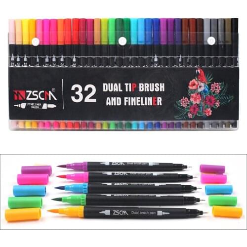 32Pcs Fineliner Color Pens Set, Dual Tip Brush Pens Sketch Writing Drawing Pens