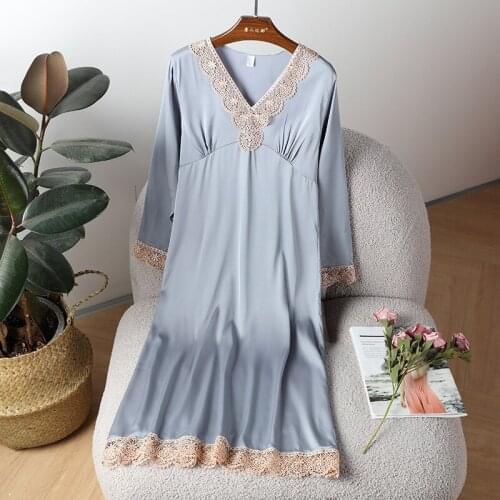 Night Dress Women Sexy Loose V-Neck Satin Lace Long Sleeve Sleepdress Casual Loose Nightwear Summer Thin Home Dressing Gown 2021