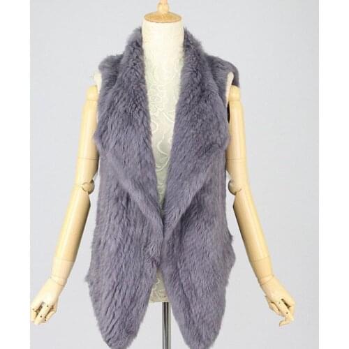 Solid Color Knitted Rabbit Hair Black Vest Office Lady Genuine Fur Coat Turndown Collar Korean Jacket Sleeveless Casaco De Frio