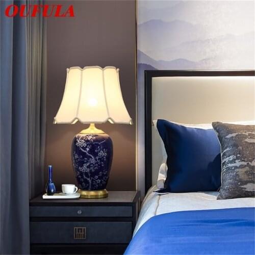OUFULA Blue Ceramic Table Lamps Brass Modern Luxury Fabric Desk Light Home Decorative for Living Room Dining Room Bedroom