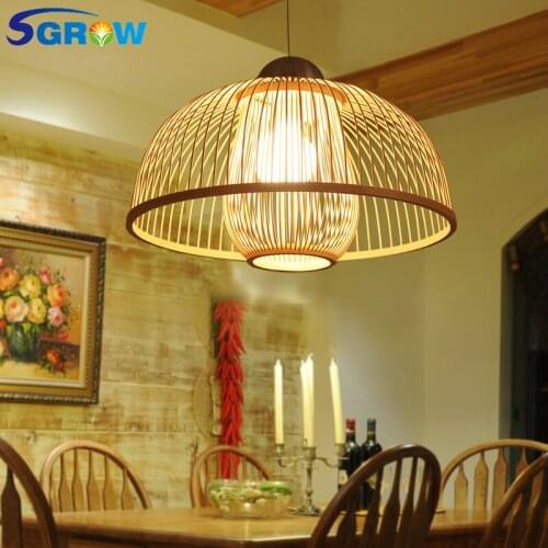 SGROW Hand Made Double Bamboo Lampshade Pendant Lights for Dinning Bed Room Hanging Lamp with E27 Bulb Indoor Lighting Fixtures