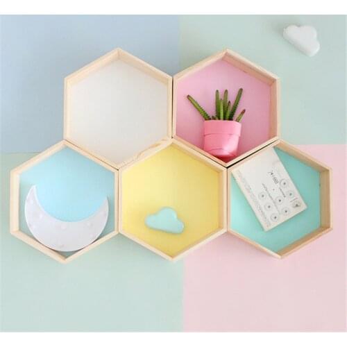 Nordic Hexagonal Wall Shelf Organizer Wooden Shelves Wall Rack Hanger Kids Room Decoration Display Storage Racks Polygon Box