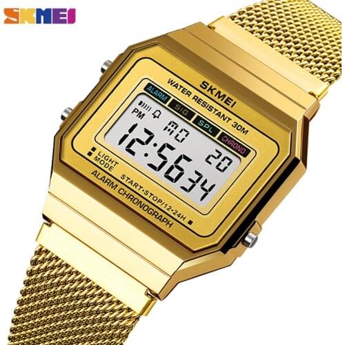 SKMEI Sport Mens LED Watches Slim Dial Digital Men Wristwatches Stainless Steel Band Waterproof Men Watch reloj hombre 1639