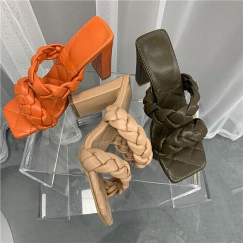 2021 Luxury Slides Women Slipper Weave Leisure New Thick Heel Office Ladies Slippers Zapatillas Casa Mujer Ladies Sandals