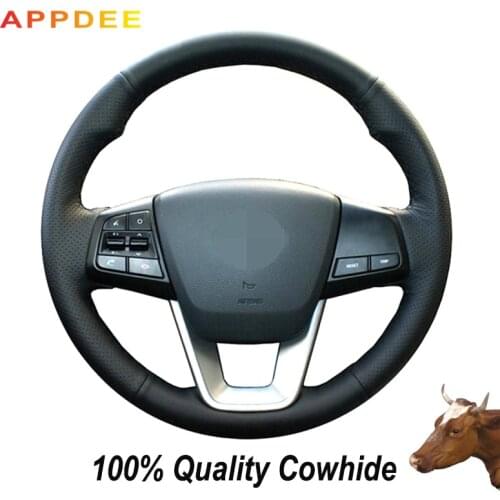APPDEE Hand-stitched Black Genuine Leather Steering Wheel Cover for Hyundai ix25 2014 2015 2016