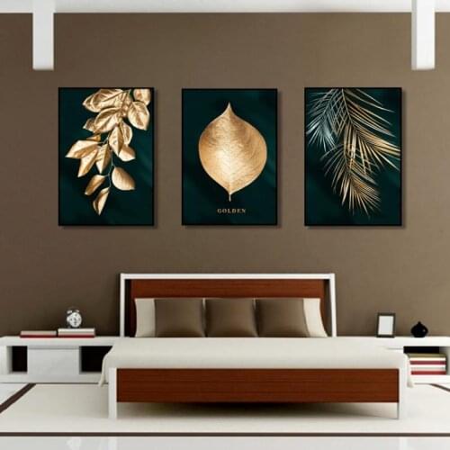 Light Luxury Minimalist Style Dark Green Background Golden Plant Leaf Art Wall Painting Canvas Printing Home Decoration Poster
