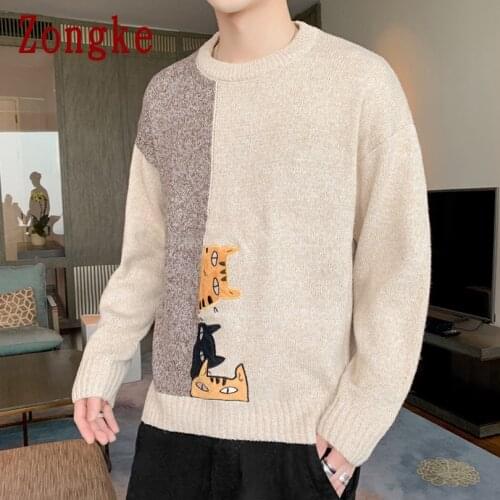 Zongke Cartoon Cat Knit Sweater Men Korean Mens Clothes Pullover Men Sweaters Pullover Winter Sweater 2021 New Arrivals M-3XL