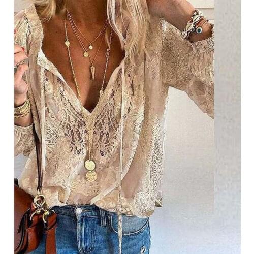 Boho Women V-neck Lace Oversize T-shirt 2021 Summer Embroidery Hollow Out Top Pullover Spring Long Sleeve Loose Tee Shirts Mujer