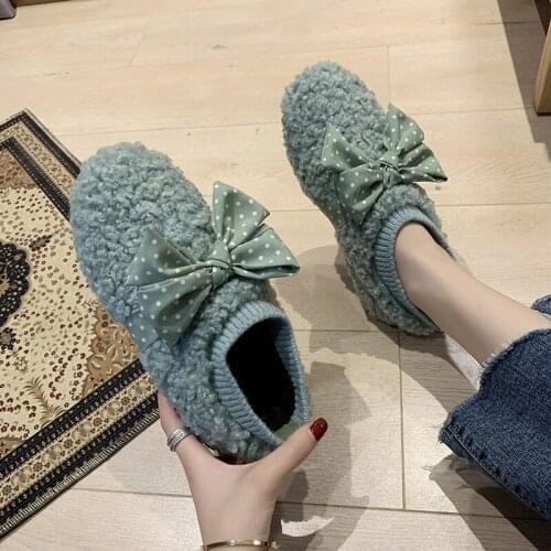 Women Shoes Fur Fluffy Loafers Ballets Flats Shoes Woman Winter Flock Slip-Ons Peas Plush Flats Footwear U12-96