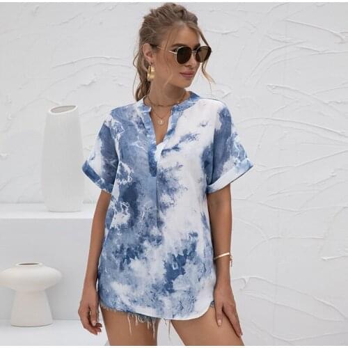 Summer Tie-dye Printed V-neck T Shirt 2021 Casual Chiffon Top Plus Size Loose Streetwear For Female 2XL Chic Large Size Pullover