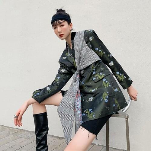 Women Vintage Plaid Bandage Irregular Blazer New Notched Long Sleeve Loose Jacket Fashion Spring Autumn 2021 C969