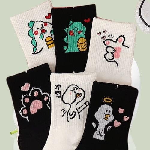 Korean Style Women Black Socks Female Middle Tube Socks Ins Tide Korea Cute Japanese White Socks Cartoon Student Crew Socks