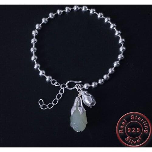 Amxiu Precious Natural Stone Bracelet 925 Sterling Silver Charm Bracelet Handmade Lotus Flower Bracelets For Women Accessories