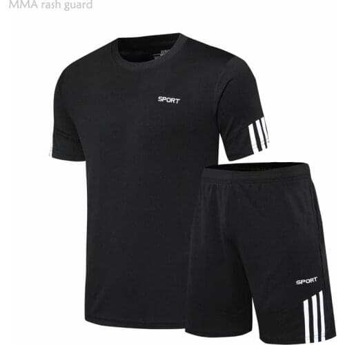 2-PC /Set Football Jersey Suit Mens Summer Workout Clothing Short T-shirt Jogging Pants Black Sportswear Quick Dry Running Set