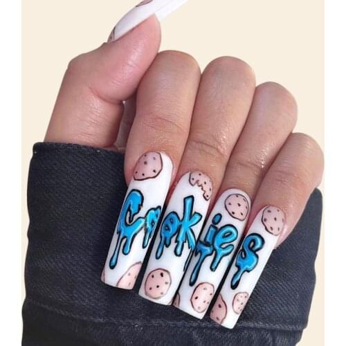 24pcs Cookies Print Fake Nail Patch Glue Type Removable Long Paragraph Fashion Manicure False Save Time Nail Patch SANA889