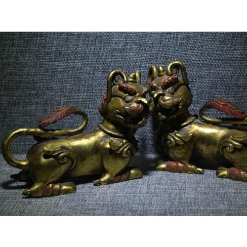 5.2" Tibet Temple Fane Pure Bronze 24K Gold Lion Pi Xiu Dragon Beast Statue Pair