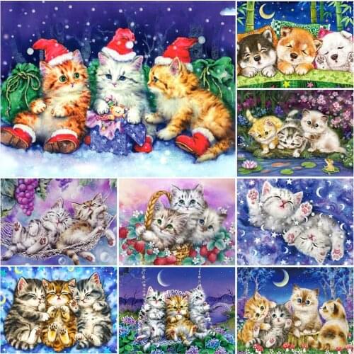 DIY Full Round Diamond Painting Cat Square 5D Diamond Embroidery Animal Mosaic Cross Stitch Cute Picture Home Decor Gift