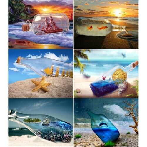 AZQSD Diamond Mosaic Seaside Bottle Cross Stitch Kits Diamond Embroidery Sale Landscape Full Square Drill Handmade Craft