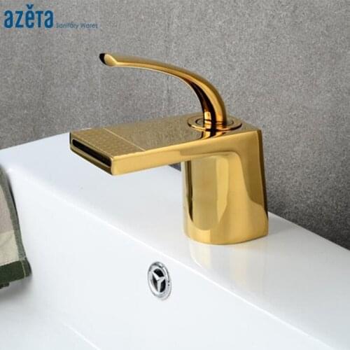 Azeta Free Shipping Basin Faucet Brass Gold Basin Mixer Deck Mounted Basin Tap Bathroom Single Handle Waterfall Faucet AT2606G