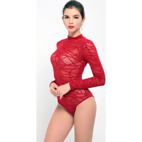 Free Shipping Sexy Lady Mesh Red Jumpsuits Summer New Design Bodysuits