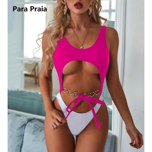 Chain Bandage One Piece Swimsuit Sexy Hollow Out Monokini Women Bikini Swimsuit Thong Tubetop Swimwear Patchwork Bathing Suit