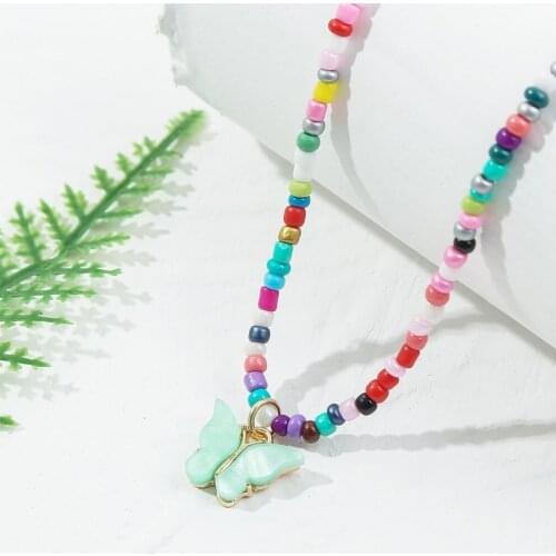 Personality Colorful Beads Chain Choker Necklace Acrylic Butterfly Pendant Ethnic Style Necklace Simple New Jewelry Girl Gift