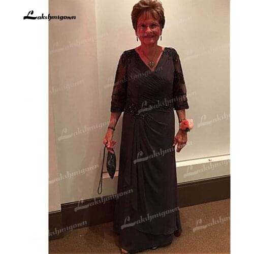 V Neck Long Lace Chiffon Beading Three Quarter Pleats Mother Of The Bride Dresses Wedding Party Dinner Gown robe de soirée femme