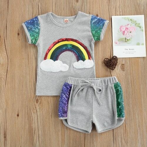 Girl’s T-shirt and Shorts Set Fashion Rainbow Sequin Short Sleeve Tops and Bandage Short Pants 2021 New Style