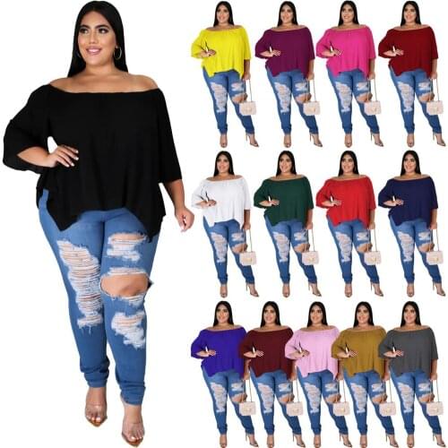 2020 Autumn New Arrivals Women Solid Color Loose T-shirts Casual Cotton Female Plus Size Slash Neck Half Sleeve Irregular Tees