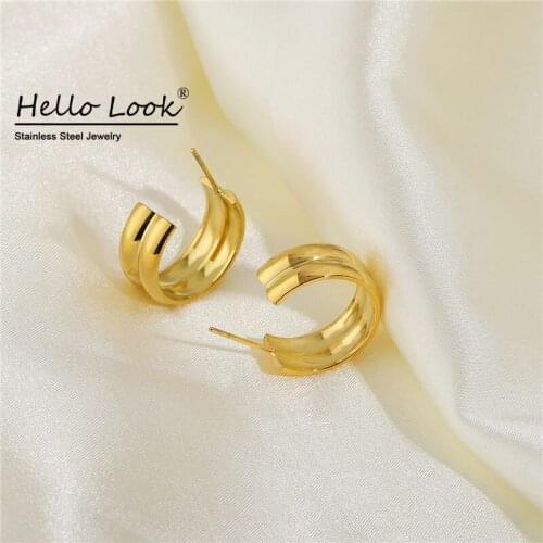 HelloLook Fashion Double Circle Smooth Hoop Earrings 18K Gold Plated C Shape Earring High Quality Women Jewelry Gift