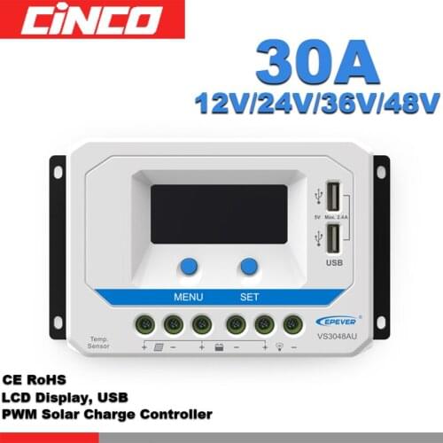 VS3048AU 30A 12V/24V/36V/48V solar charge controller positive grounding with LCD display 5VDC doubel USB output