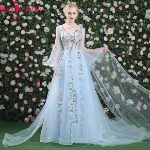Beauty Emily Charming V Neck Lace Appliques Evening Dress Long Fashion Blue See Through Lace Up Back Evening Gowns for Women
